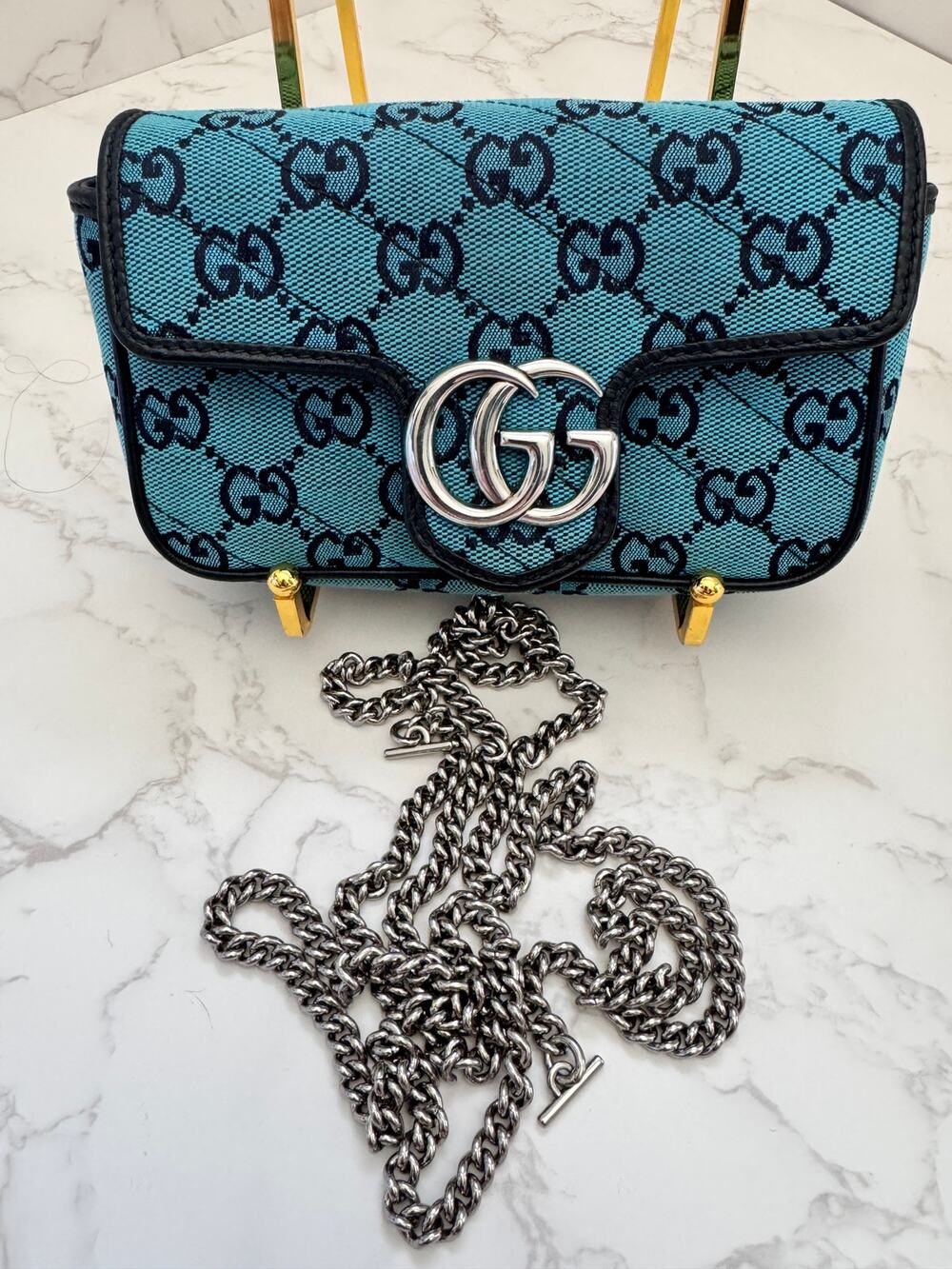 Gucci GG Marmont Super Mini Blue Chain Bag